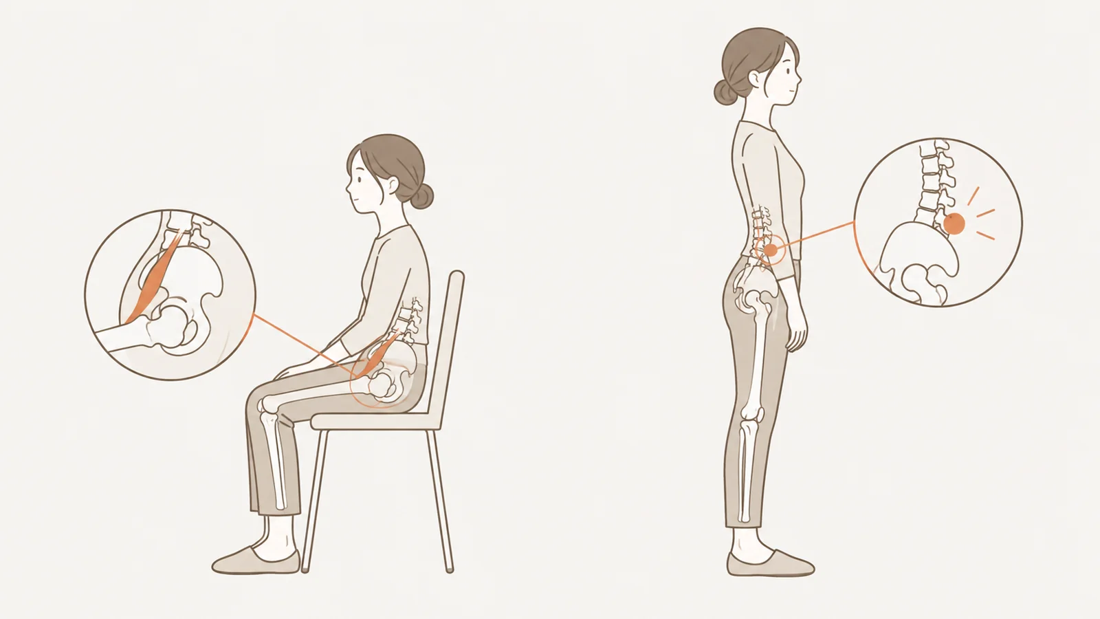 座りっぱなしで骨盤が傾き腰に負担が集まる仕組みの図